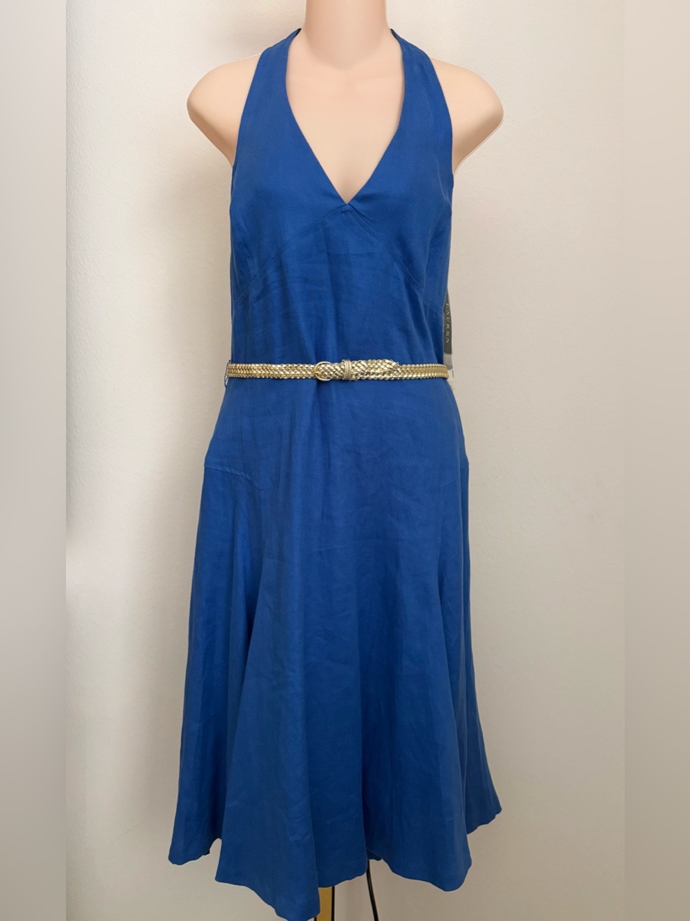 Ralph Lauren Cobalt Blue Halter Linen Midi Dress with Gold Braided Belt